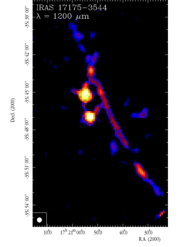 Nebulosa Pata de Gato, região de hidrogênio ionizado, em imagem do Swedish–ESO Submillimetre Telescope