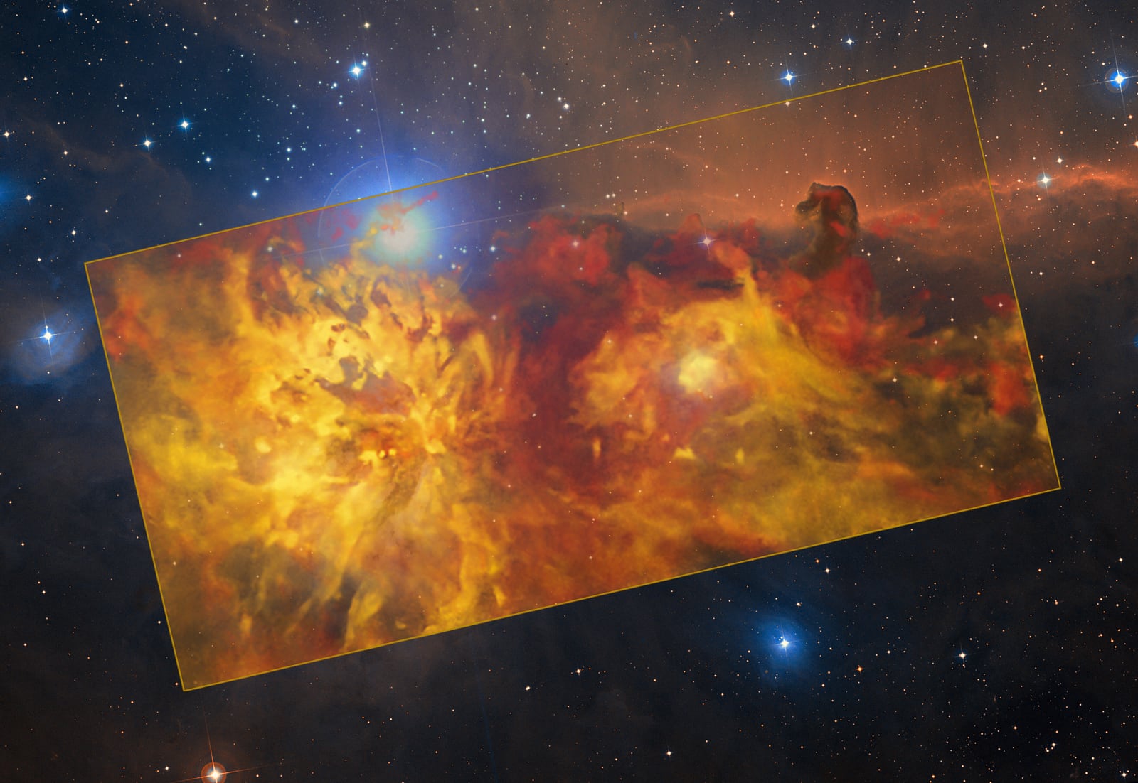 Montagem de várias imagens de Nebulosa Cabeça de Cavalo, nebulosa escura