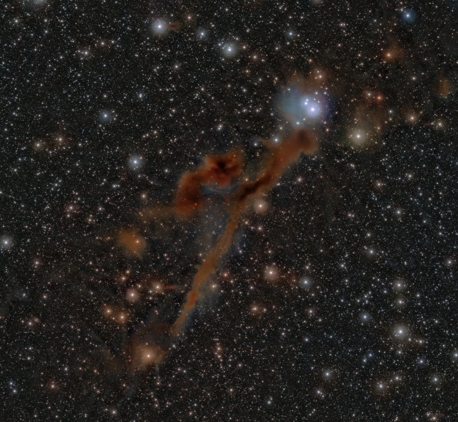 Nuvem escura de Lupus 3, região de formação de estrelas, em imagem do Visible and Infrared Survey Telescope for Astronomy