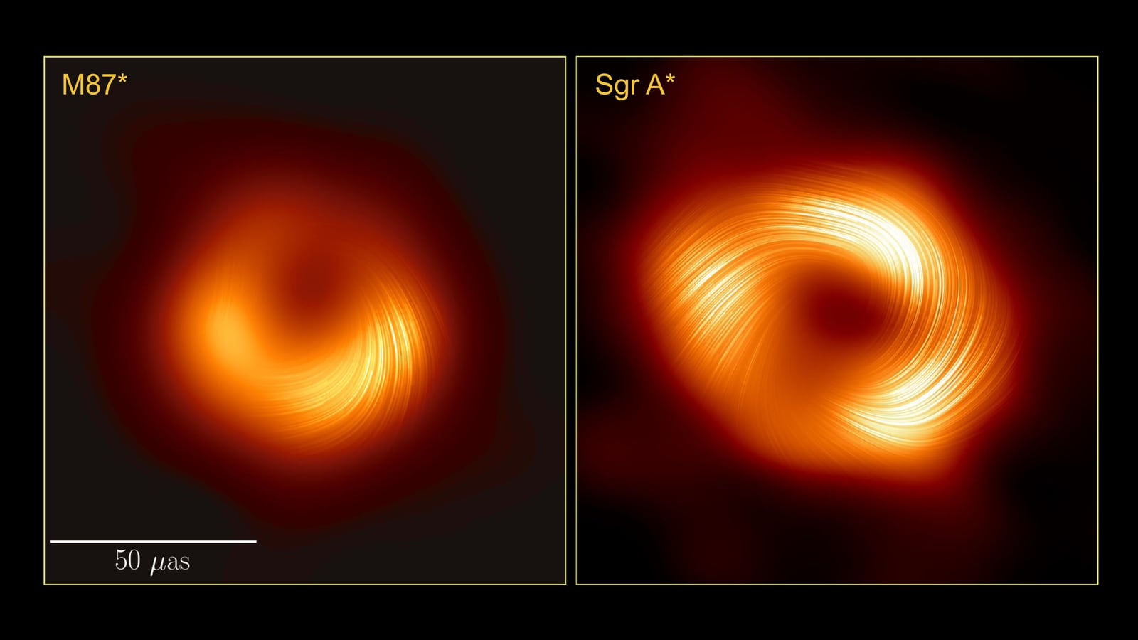 Montagem de várias imagens de Sagittarius A*, buraco negro supermassivo, em imagem do Event Horizon Telescope