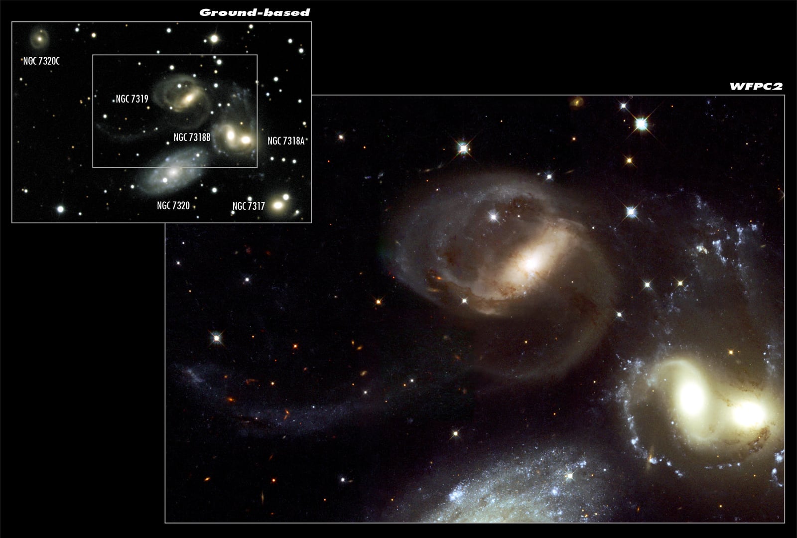 Montagem de várias imagens de Quinteto de Stephan, galáxias em interação, em imagem do Hubble Space Telescope