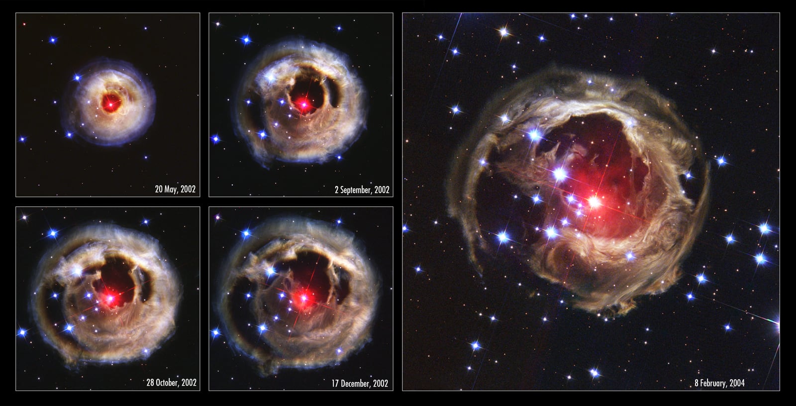 Montagem de várias imagens de V838 Monocerotis, variável cataclísmica, em imagem do Hubble Space Telescope