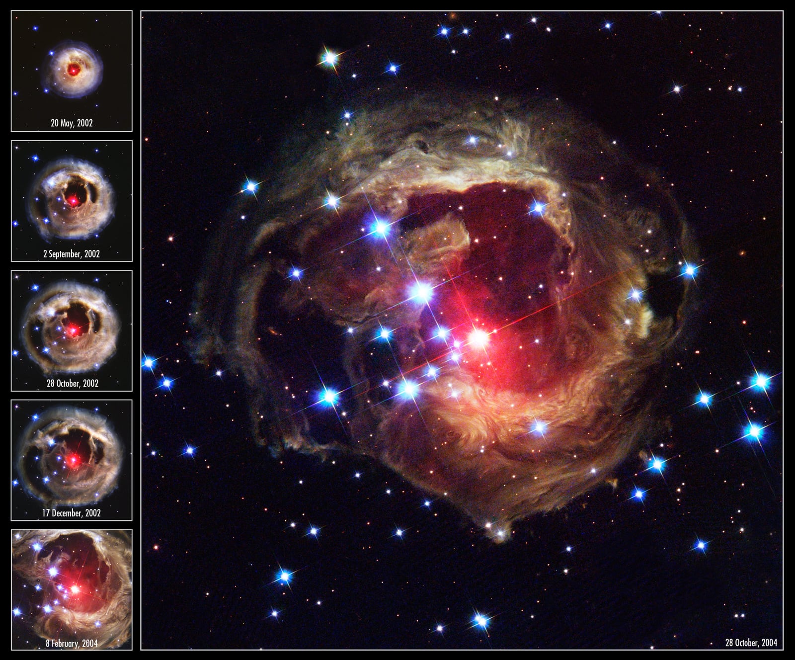 Montagem de várias imagens de V838 Monocerotis, variável cataclísmica, em imagem do Hubble Space Telescope