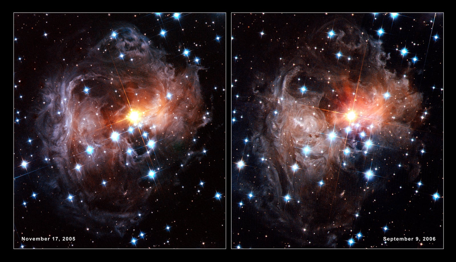 Montagem de várias imagens de V838 Monocerotis, variável cataclísmica, em imagem do Hubble Space Telescope