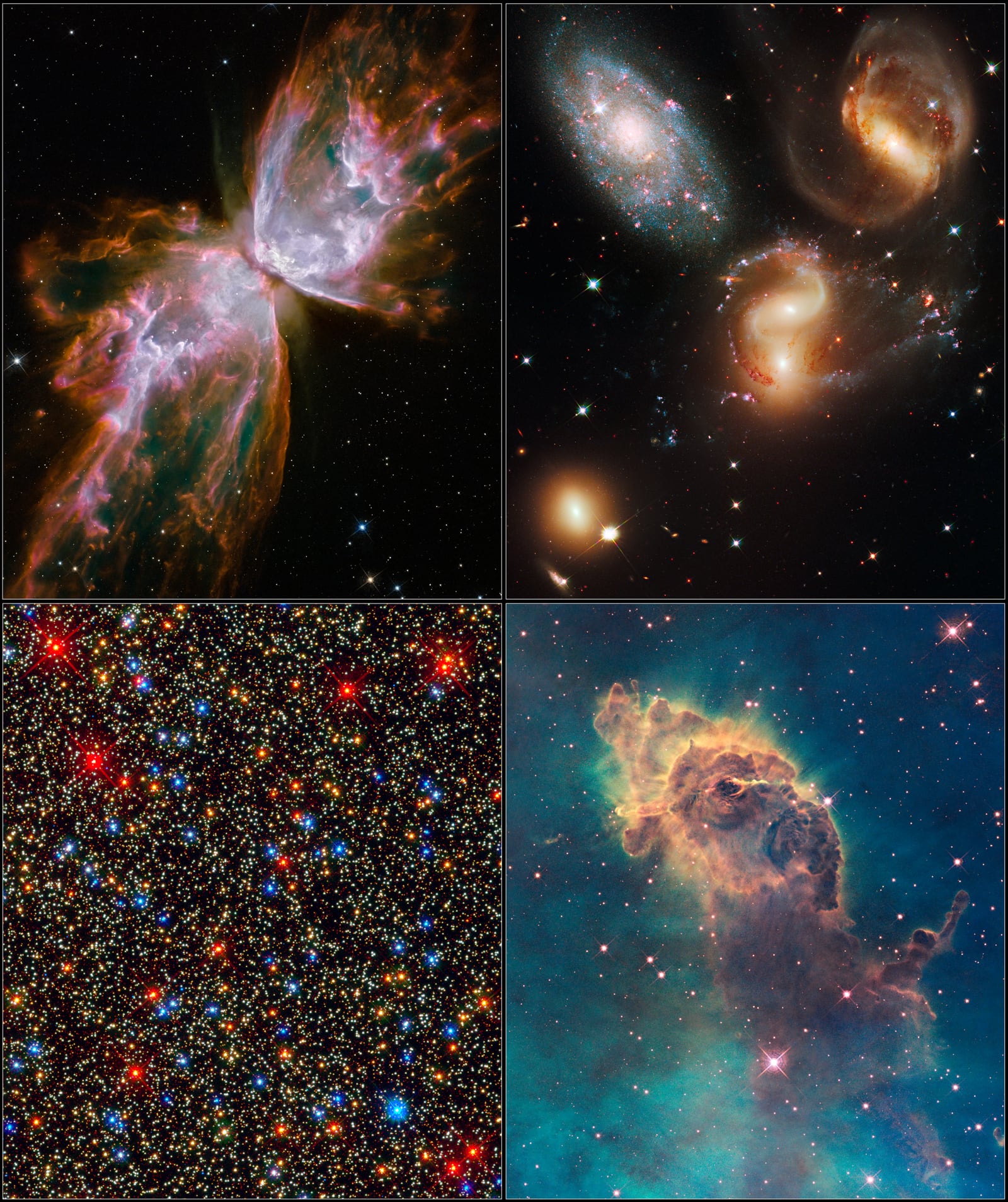 Montagem de várias imagens de Quinteto de Stephan, galáxias em interação