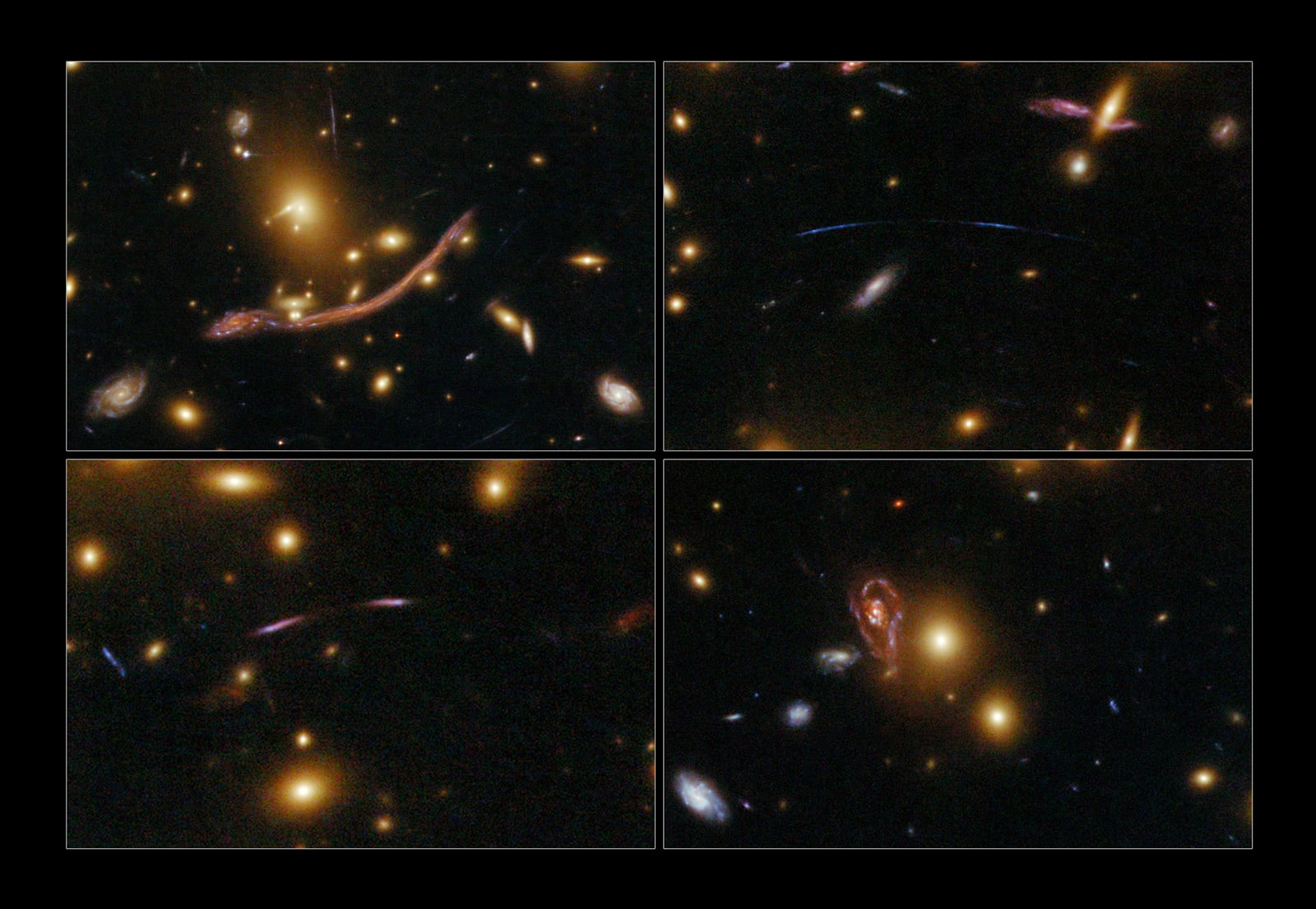 Montagem de várias imagens de Aglomerado Abell 370, aglomerado de galáxias, em imagem do Hubble Space Telescope