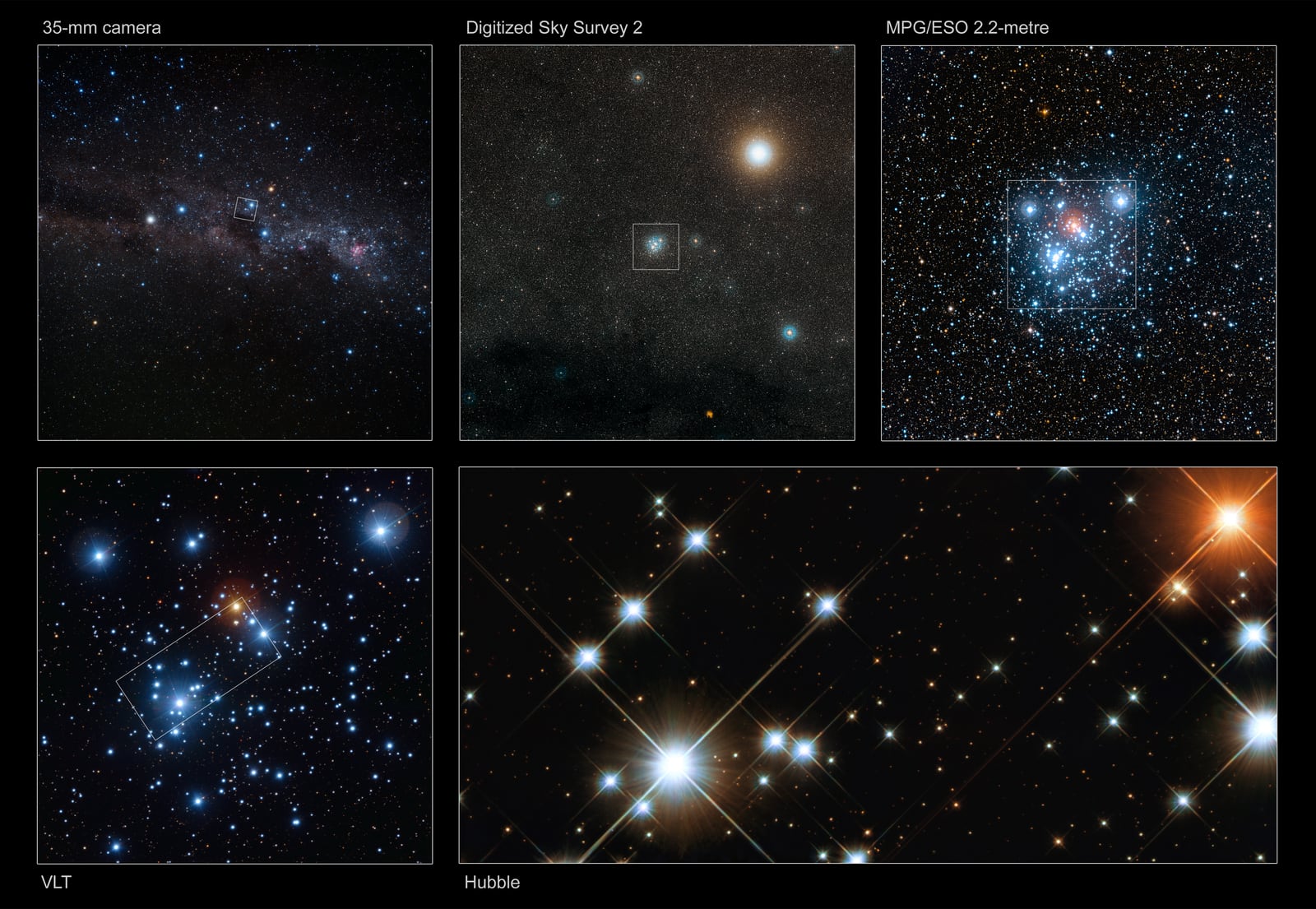 Montagem de várias imagens de Caixa de Joias, aglomerado aberto, em imagem do Other