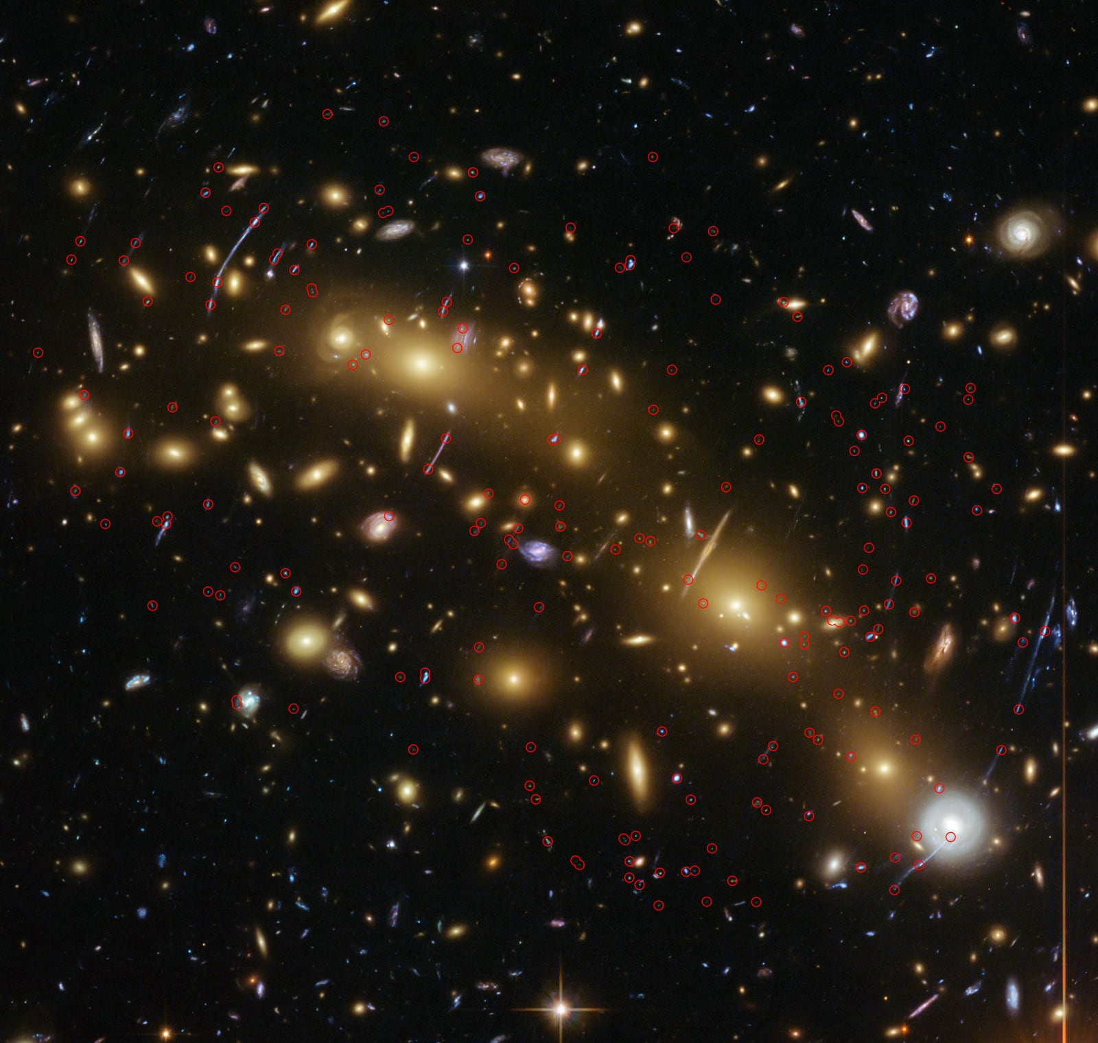 Montagem de várias imagens de Aglomerado MACS J0416, aglomerado de galáxias, em imagem do Hubble Space Telescope