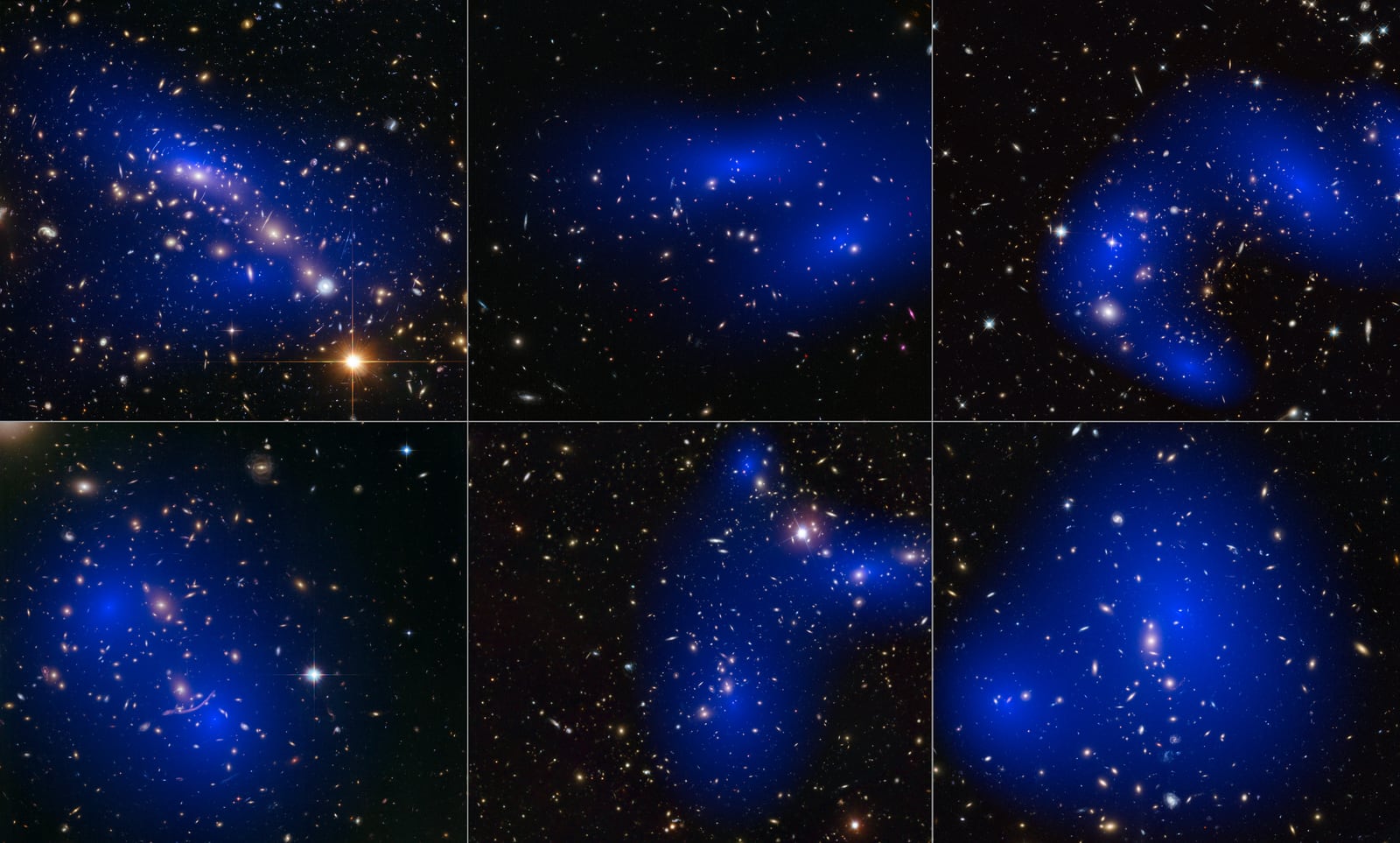 Montagem de várias imagens de Abell 2744, o Aglomerado de Pandora, aglomerado de galáxias registrada pelo Hubble Space Telescope