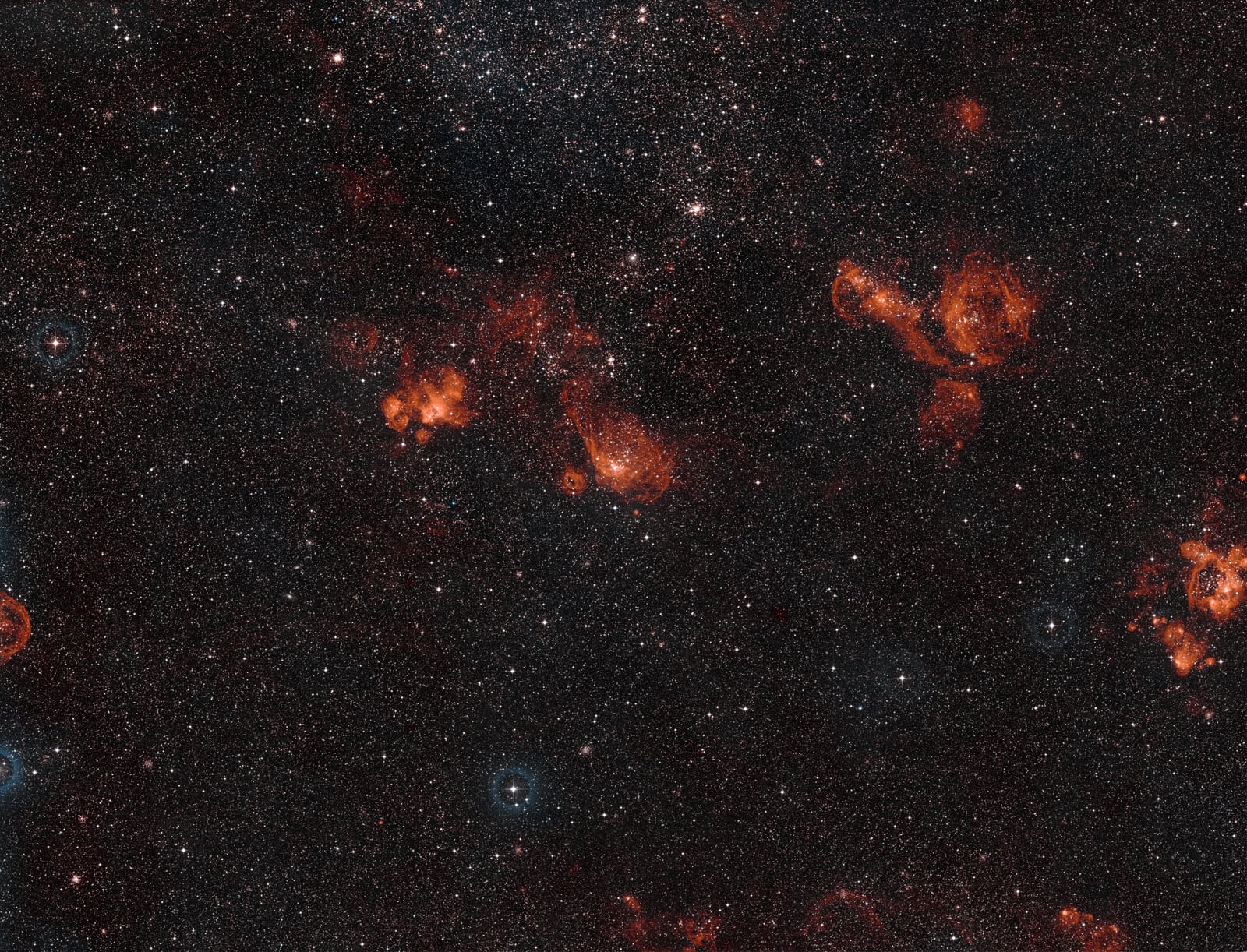 Nebulosa NGC 2014, nebulosa de emissão, em imagem do Digitized Sky Survey 2