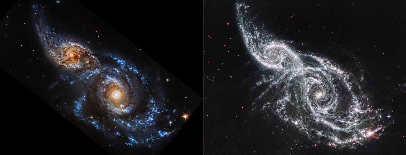 Montagem de várias imagens de Par de galáxias NGC 2207 e IC 2163, galáxias em interação