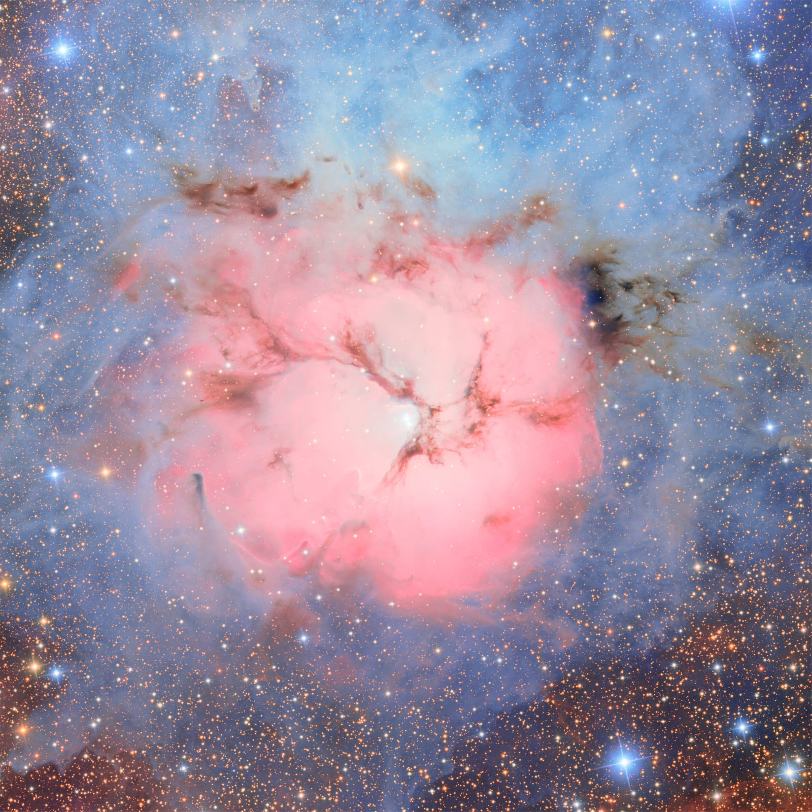 Nebulosa Trífida, nebulosa de emissão, em imagem do Simonyi Survey Telescope
