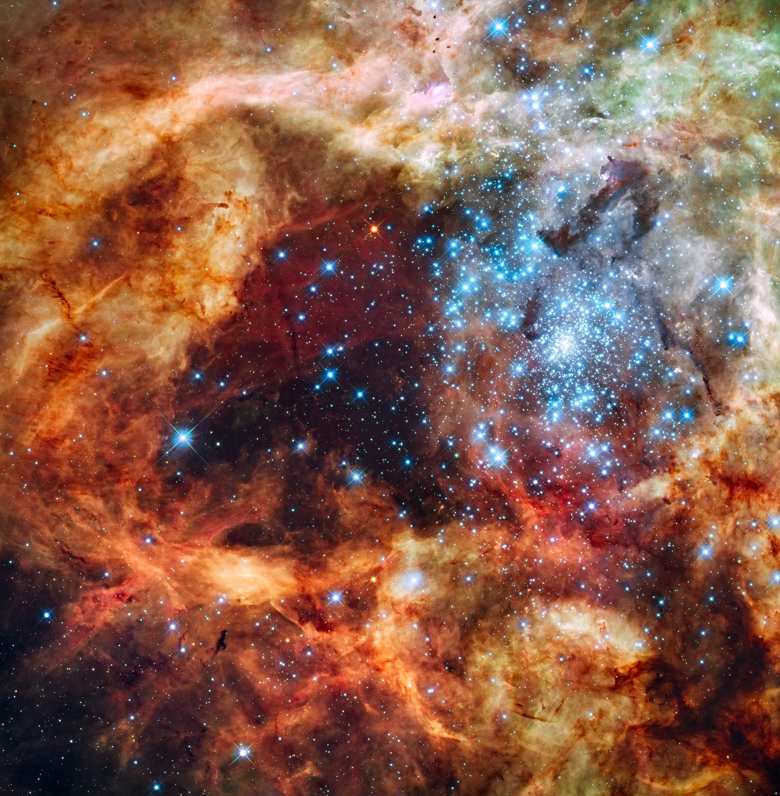 Aglomerado R136, aglomerado de estrelas, em imagem do Hubble Space Telescope