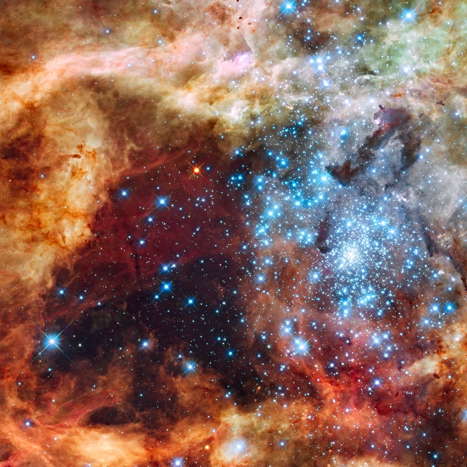 Aglomerado R136, aglomerado de estrelas, em imagem do Hubble Space Telescope