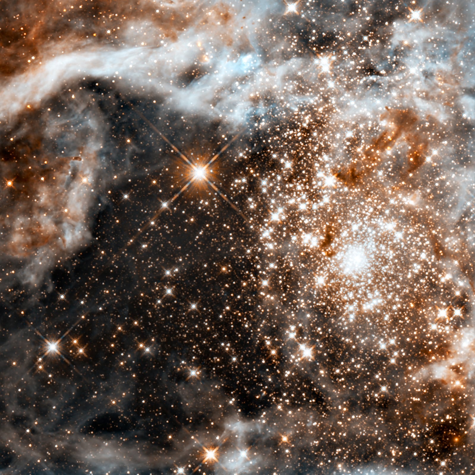 Aglomerado R136, aglomerado de estrelas, em imagem do Hubble Space Telescope