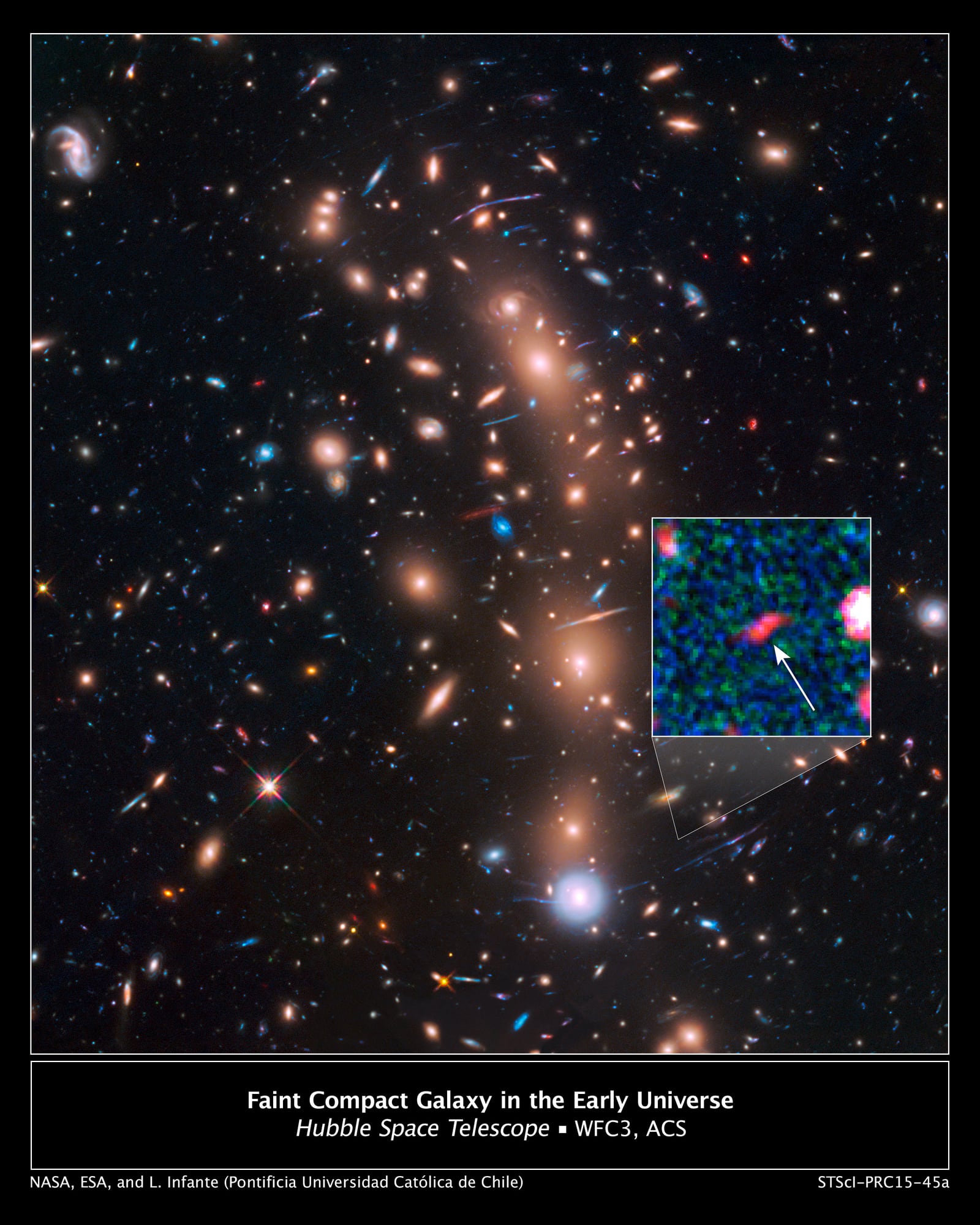 Montagem de várias imagens de Aglomerado MACS J0416, aglomerado de galáxias, em imagem do Hubble Space Telescope