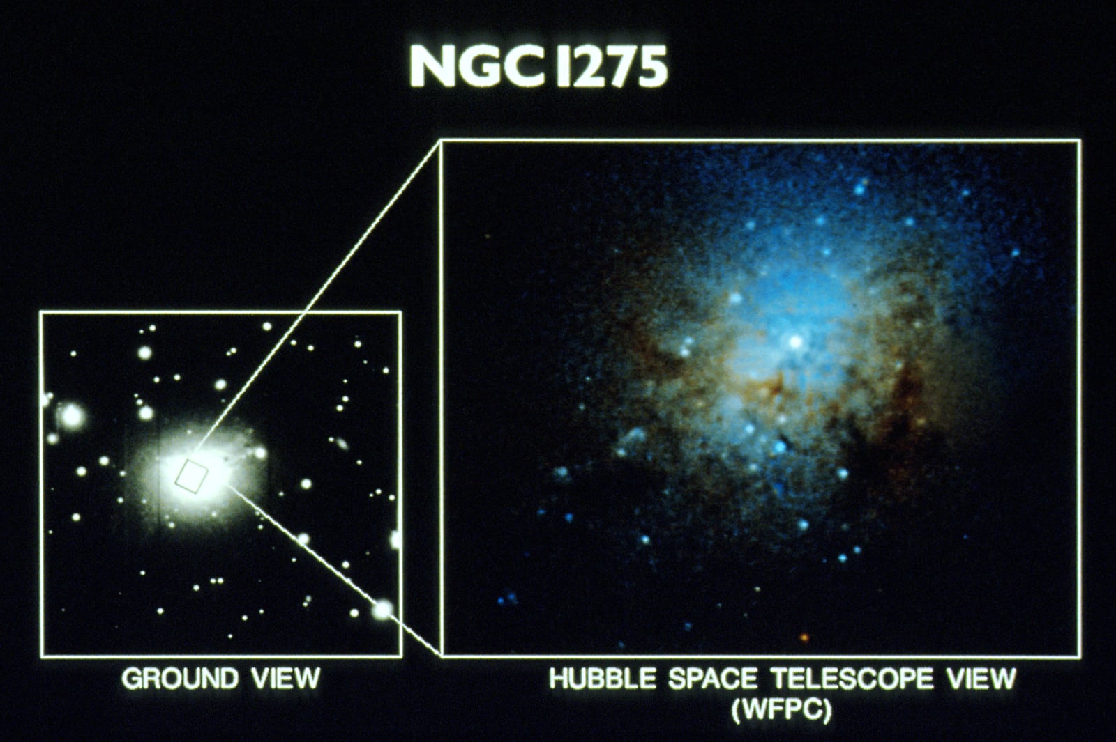 Montagem de várias imagens de Galáxia NGC 1275, no coração de Perseu, galáxia