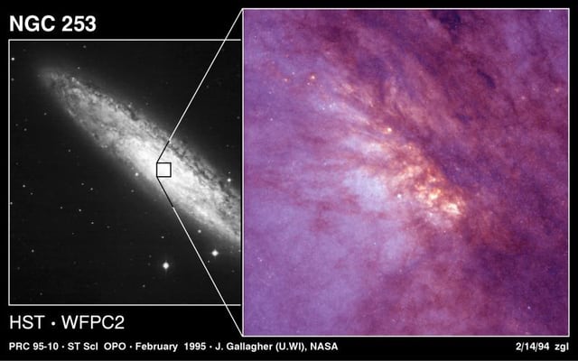 Montagem de várias imagens de Galáxia do Escultor, galáxia, em imagem do Hubble Space Telescope