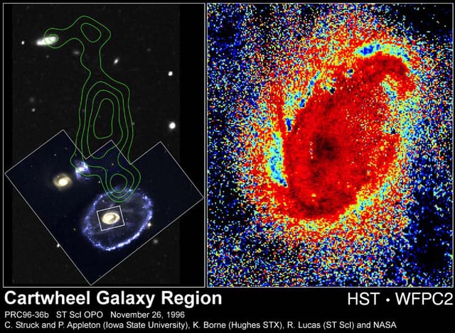 Montagem de várias imagens de Galáxia Roda de Carroça, galáxia registrada pelo Hubble Space Telescope