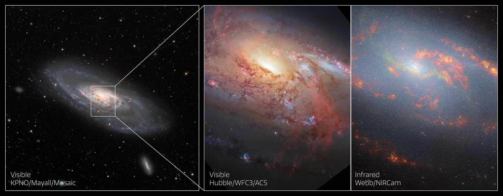 Montagem de várias imagens de Galáxia Messier 106, galáxia