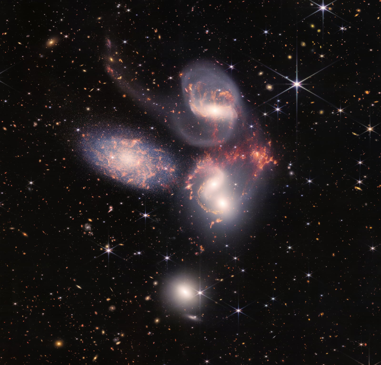 Quinteto de Stephan, galáxias em interação, em imagem do James Webb Space Telescope