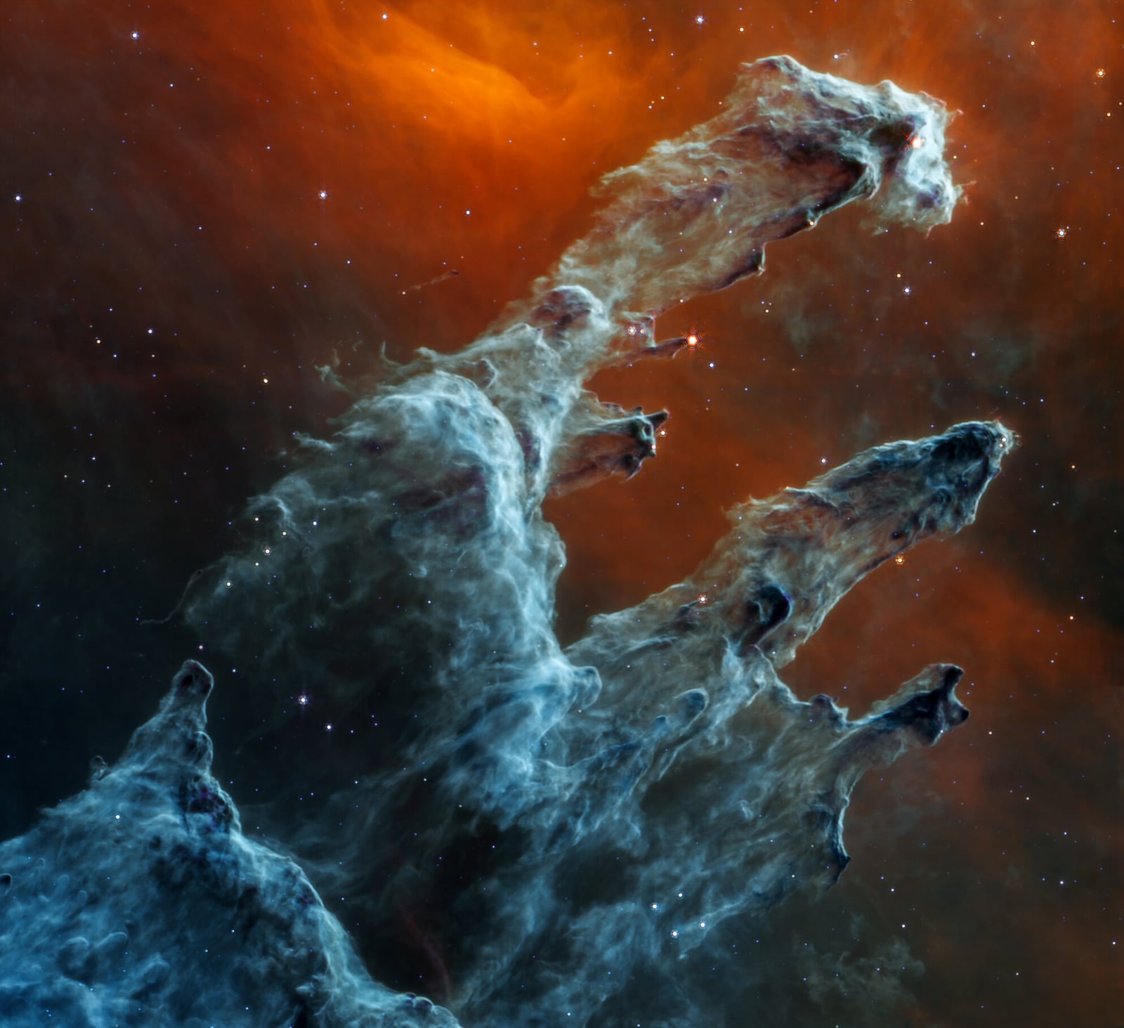 Pilares da Criação, na Nebulosa da Águia, nebulosa de emissão registrada pelo James Webb Space Telescope