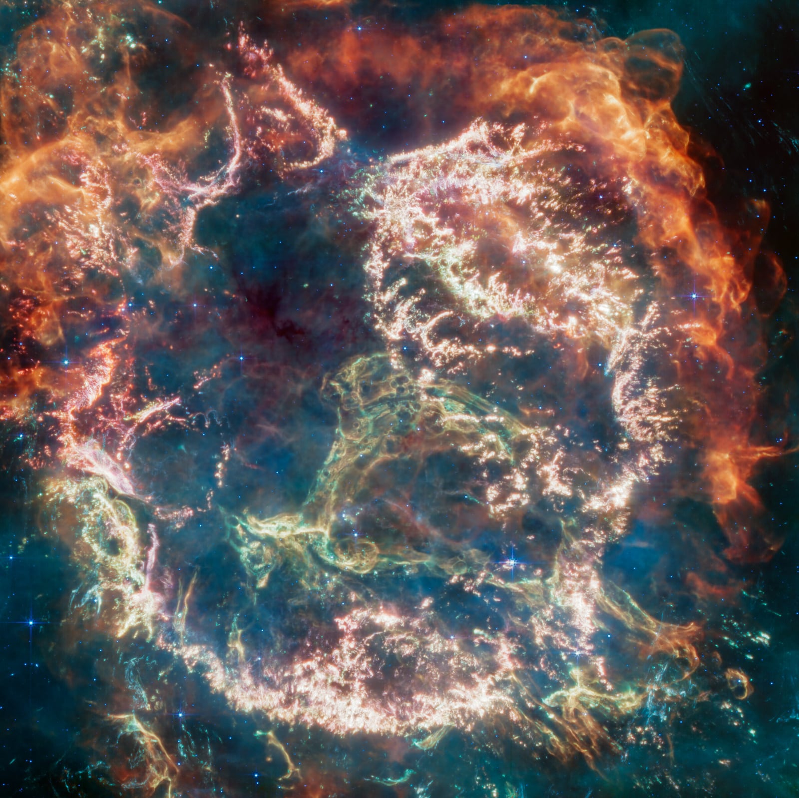 Cassiopeia A, remanescente de supernova, em imagem do James Webb Space Telescope