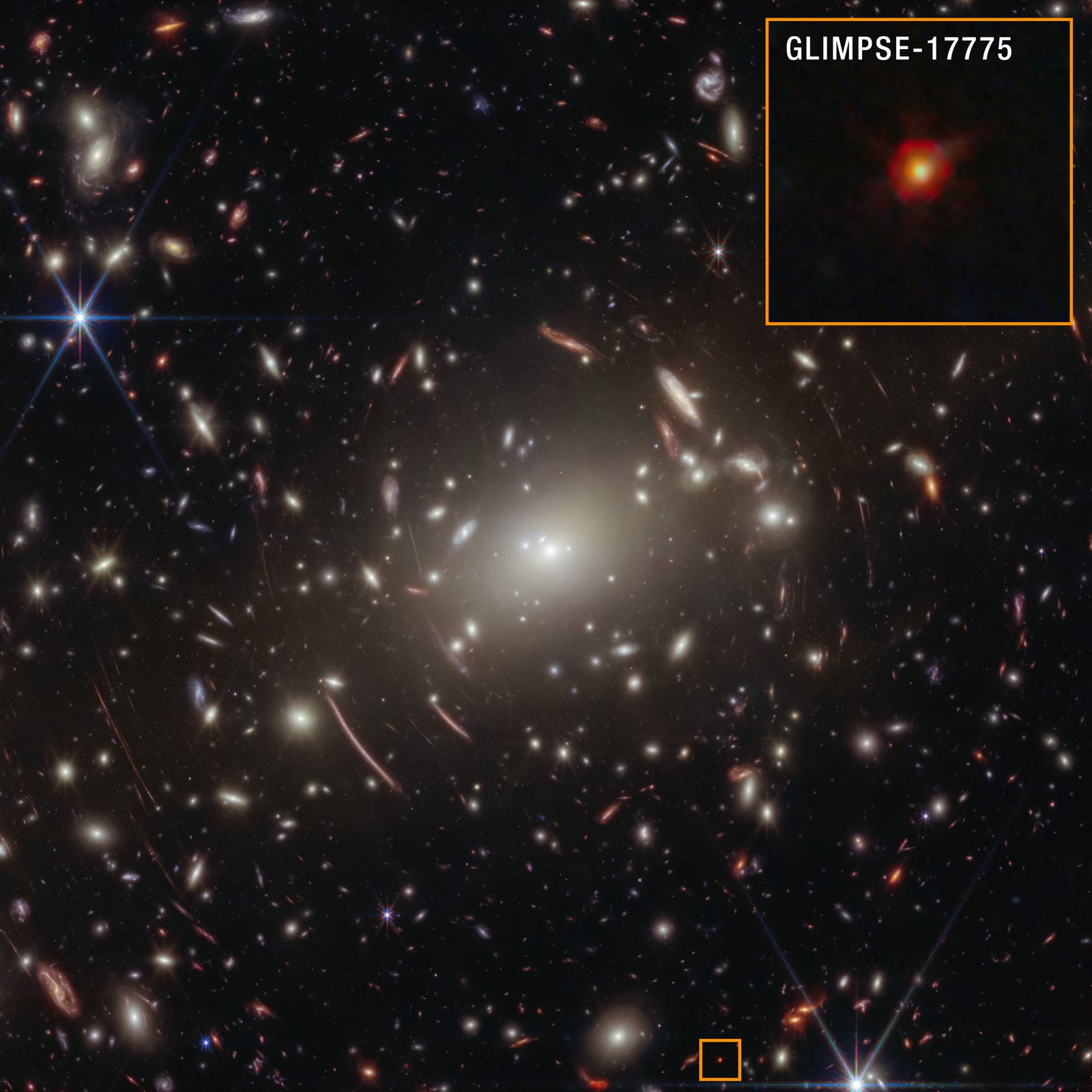 Montagem de várias imagens de Aglomerado Abell S1063, aglomerado de galáxias